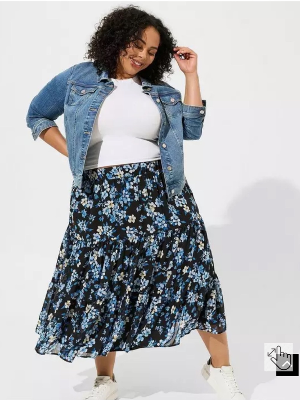 Torrid 2X Tea Length Black Floral Midi Chiffon Tiered  Skirt with Blue Print